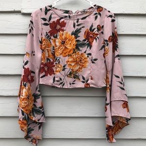 Charlotte Russe Floral Crop Top Back Zip Layered Bell Sleeves Size Small